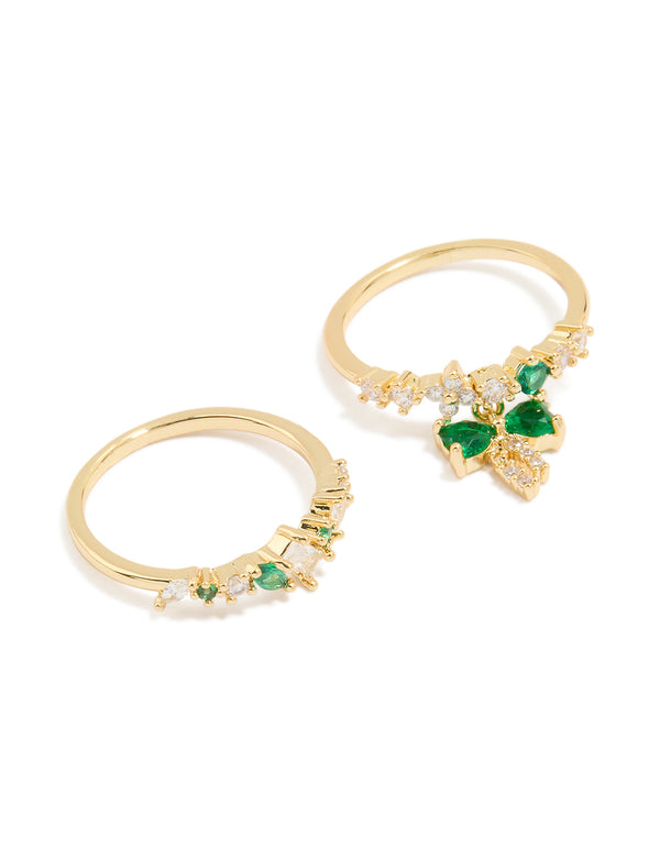 Gold Plated Green Cubic Zirconia Bow & Dainty Rings 2-Pack