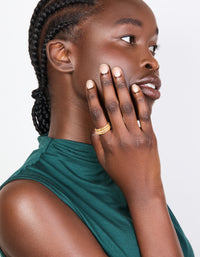 Showcasing waterproof gold plated triple band stacking rings in a 3-pack on finger view - link has visual effect only