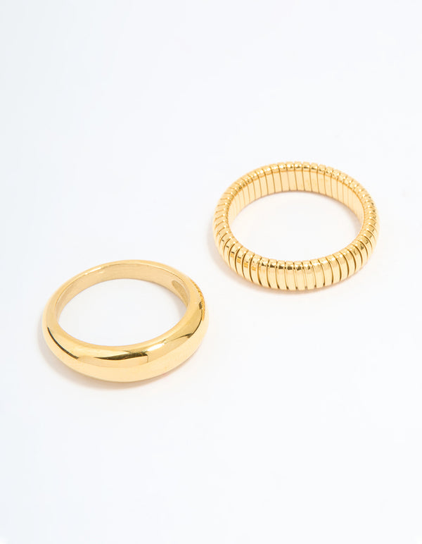 Showcasing waterproof gold plated stainless steel ridge and smooth rings in a 2-pack front view
