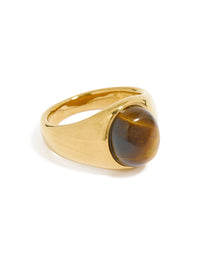 Showcasing a waterproof gold plated stainless steel statement stone ring in brown side detail view - link has visual effect only
