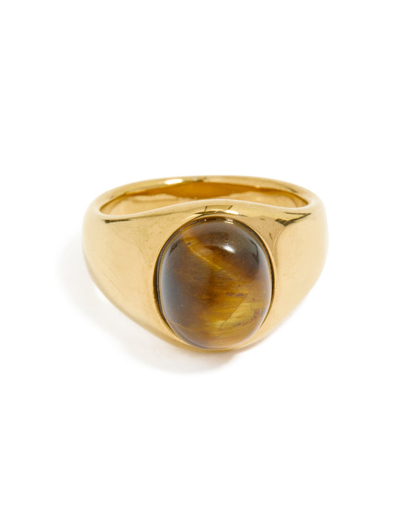 Featuring waterproof gold plated stainless steel and brown cabochon stone statement ring front view