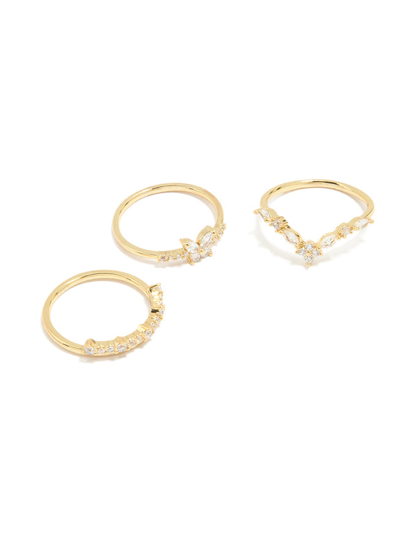 Gold Plated Cubic Zirconia Butterfly & Pointed Rings 3-Pack