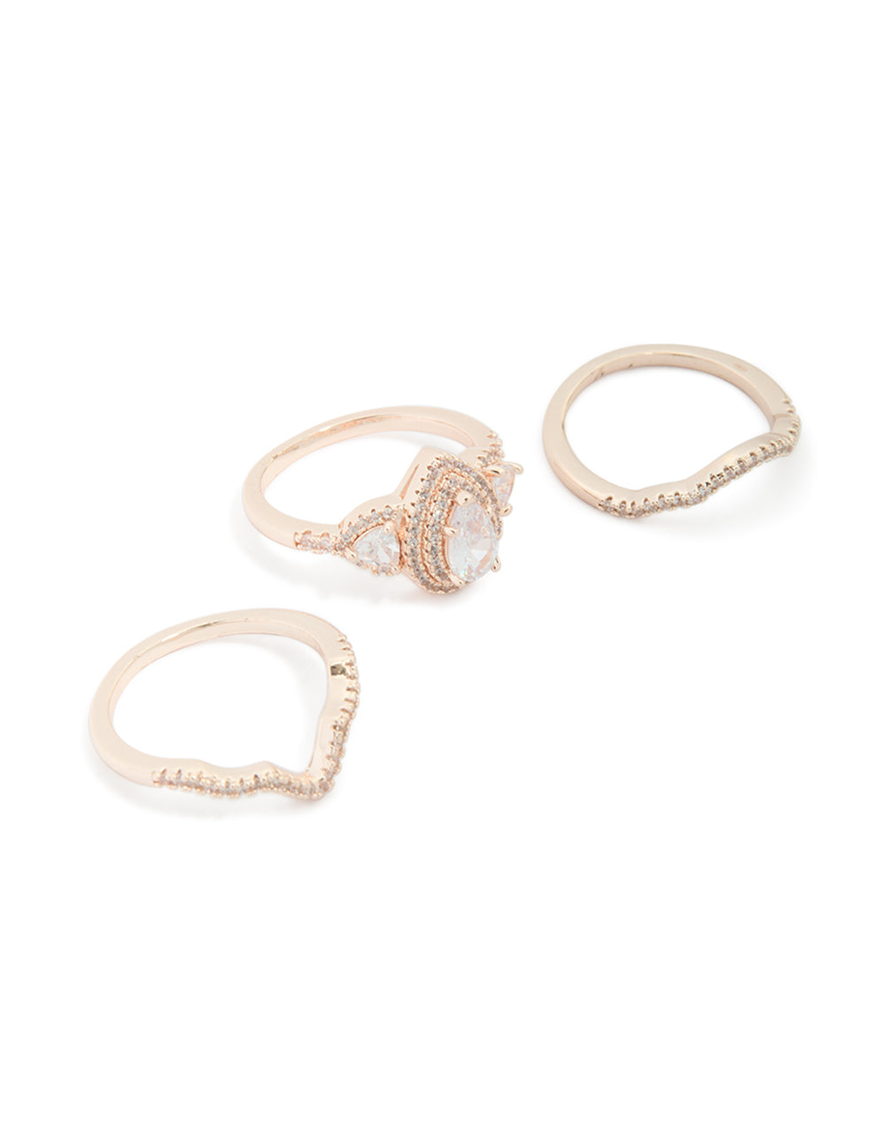 Elegant rose gold pearl stacking rings 3-pack featuring statement design front view