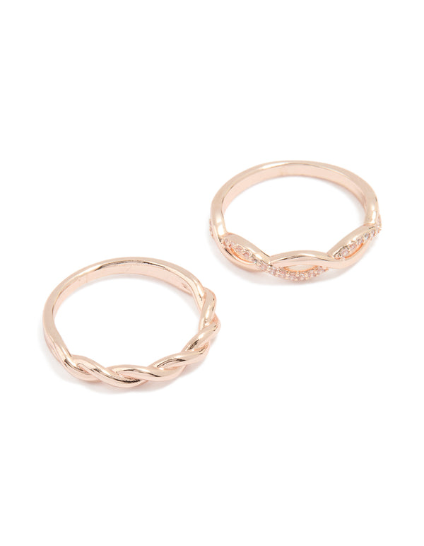 Rose Gold Cubic Zirconia Woven Stacking Rings 2-Pack