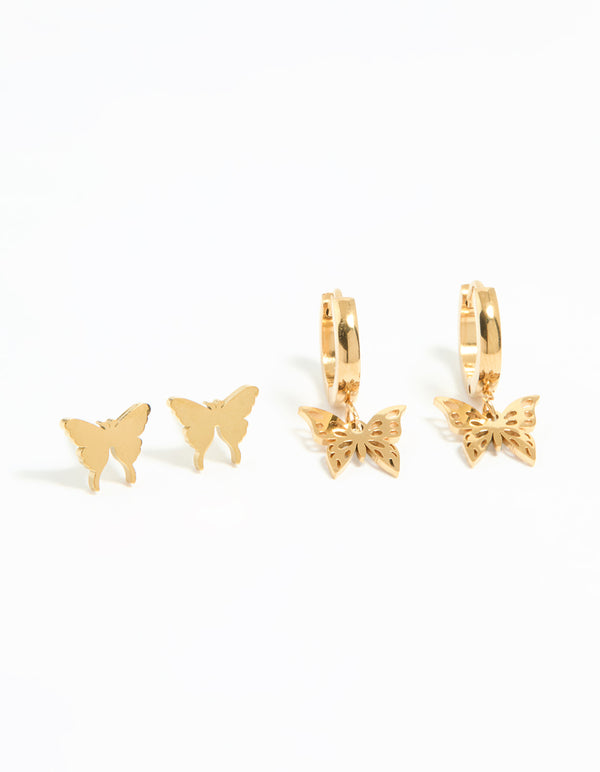 Waterproof Gold Plated Stainless Steel Butterfly Earrings 2-Pack