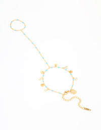 Waterproof Gold Plated Stainless Steel Blue Bead & Disc Hand Chain - link has visual effect only