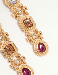 Gold Multicoloured Diamante Link Drop Earrings - link has visual effect only