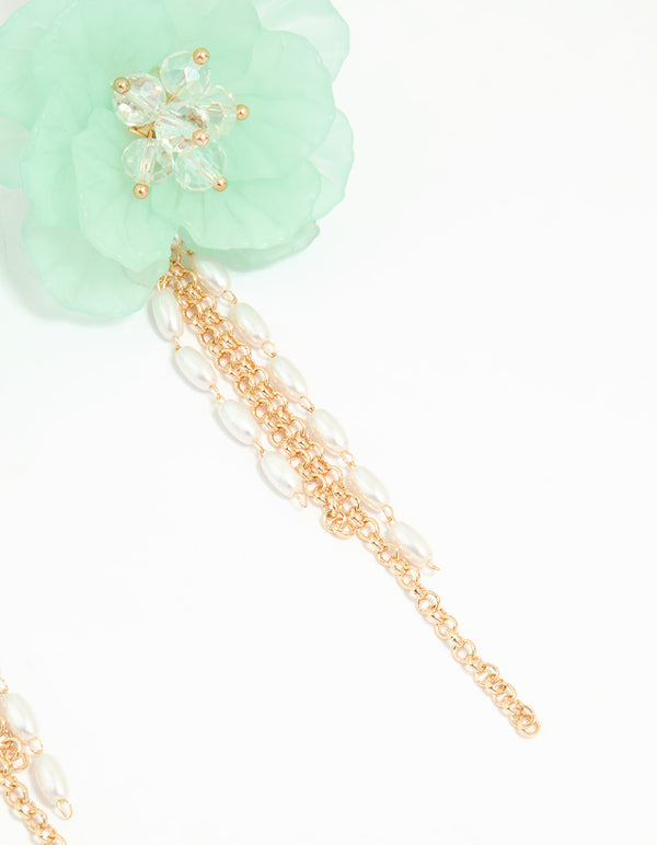 Gold Blue Flower Chain Drop Earrings