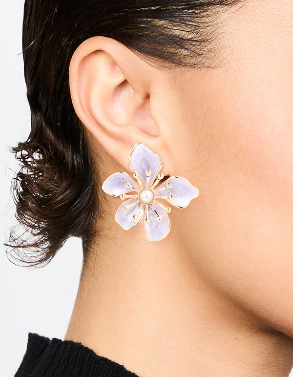 Gold Purple Misshaped Flower Stud Earrings