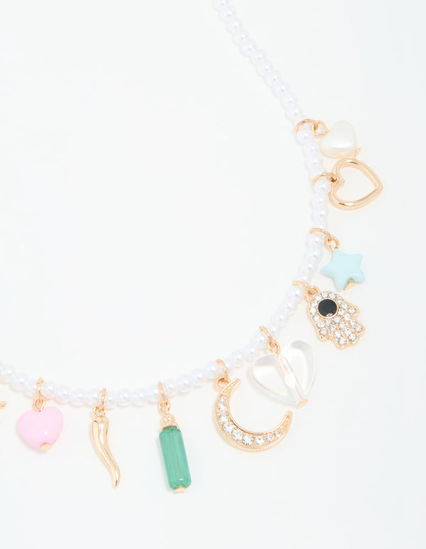 Gold Pearl Celestial Charm Necklace