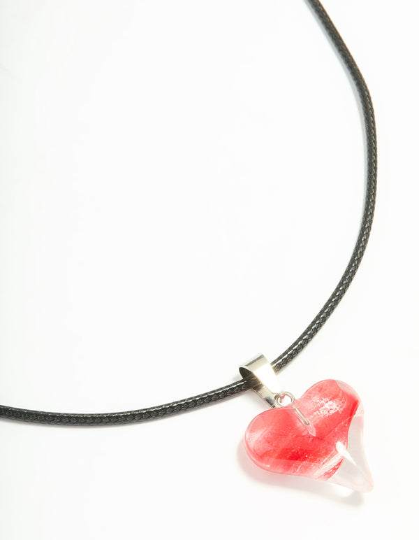 Red Bubble Heart Pendant Black Cord Necklace