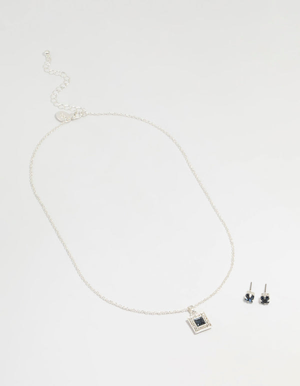 Silver Square Diamante Necklace & Earrings Set