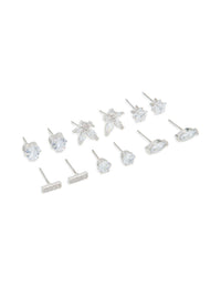 Silver Cubic Zirconia Heart & Flower Stud Earrings 6-Pack - link has visual effect only