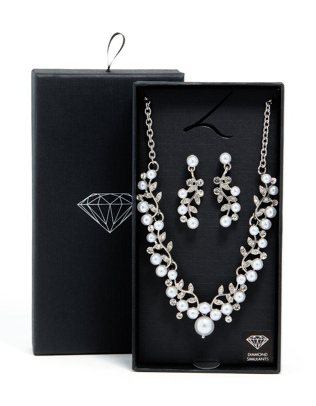 Silver Cubic Zirconia Pearl Vine Necklace & Earrings Set