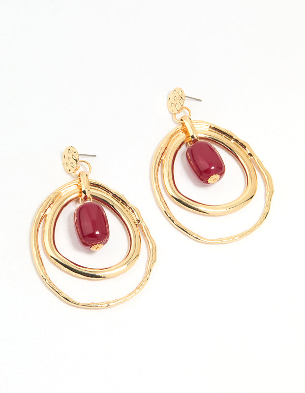Gold Red Bead Layered Teardrop Shaped Stud Earrings