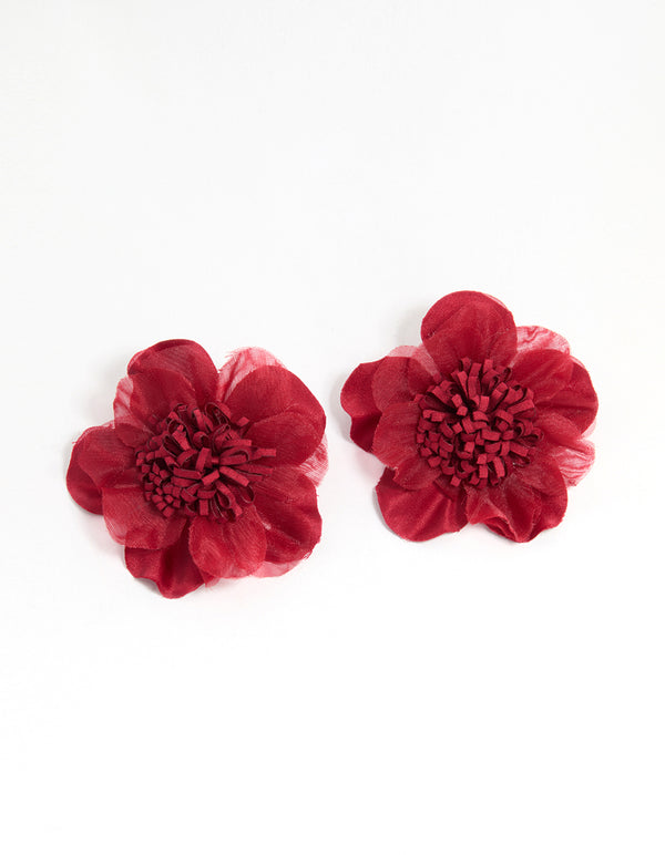 Red Fabric Poppy Flower Stud Earrings