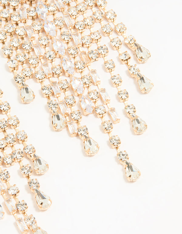 Gold Diamante Drop Long Earrings