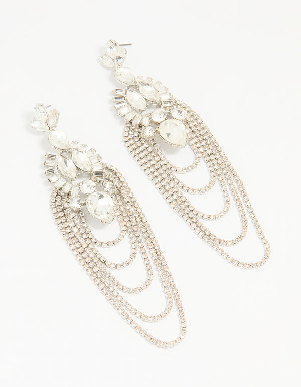 Silver Diamante Layered Chain Drop Earrings
