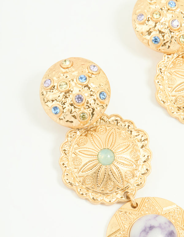 Worn Gold Large Disc Drop Earrings