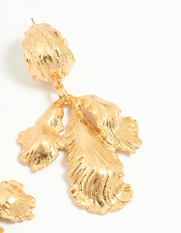 Worn Gold Floral Leaf Drop Earrings