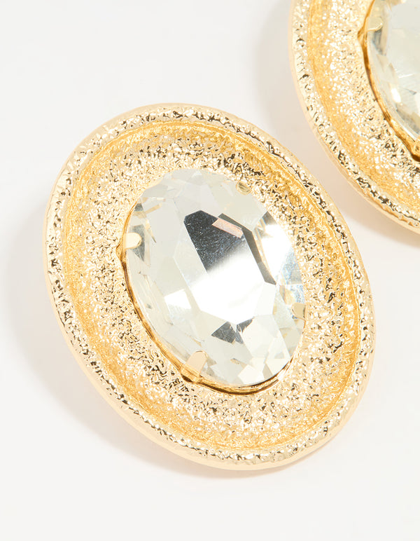 Gold Diamante Oval Large Stud Earrings