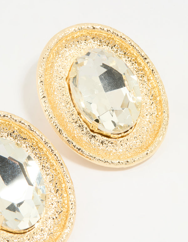 Gold Diamante Oval Large Stud Earrings