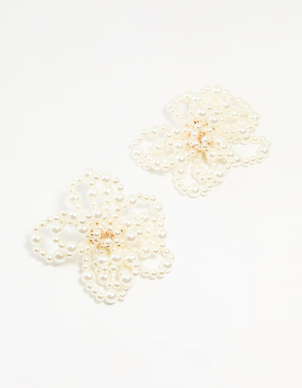 Gold Pearl Floral Stud Earrings