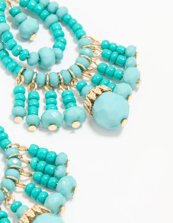 Gold Blue Beaded Teardrop Drop Earrings