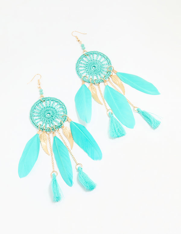 Blue Feather Dreamcatcher Drop Earrings