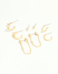 Gold Plated Cubic Zirconia Baguette Hoop & Chain Earrings 4-Pack - link has visual effect only