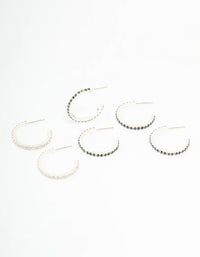 Silver Emerald Diamante Pavé Hoop Earrings 3-Pack - link has visual effect only