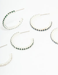 Silver Emerald Diamante Pavé Hoop Earrings 3-Pack - link has visual effect only