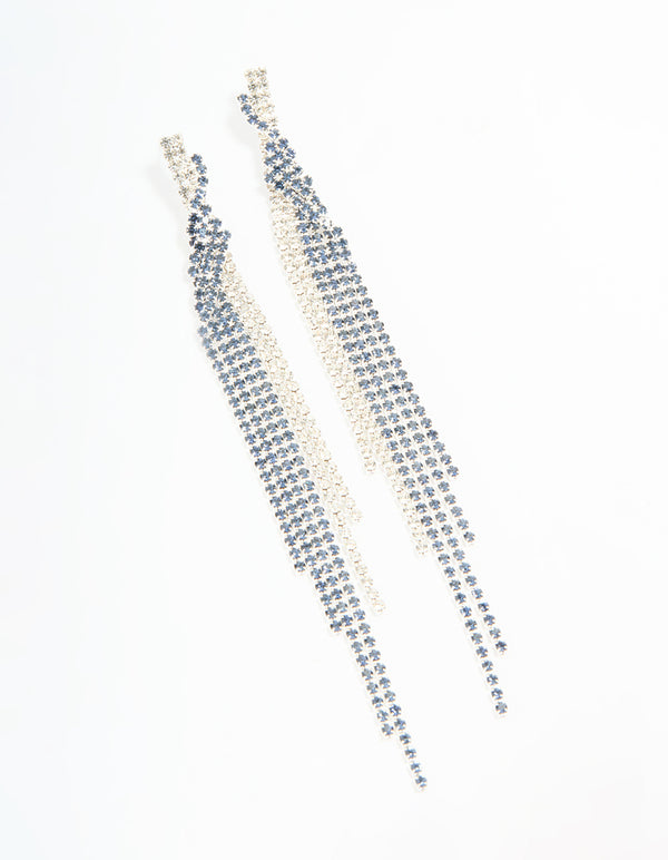 Silver Blue Diamante Twisted Chain Drop Earrings