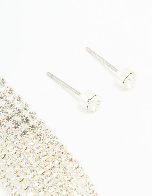 Silver Pearl Stud & Diamante Cupchain Earrings 3-Pack