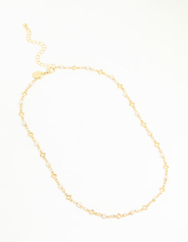Gold Plated Pearl Flower Outline Necklace