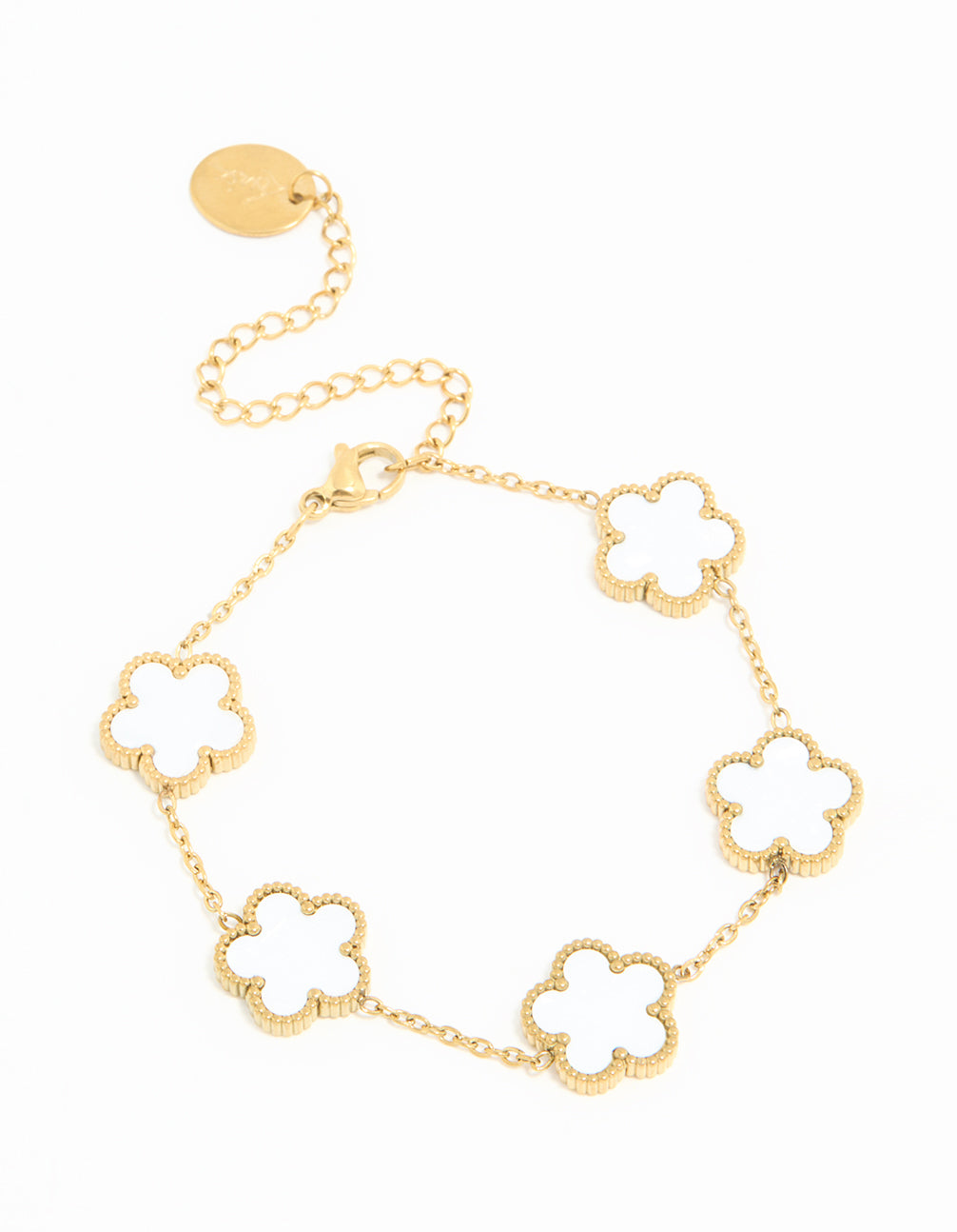 Waterproof Gold Plated Stainless Steel Ivory Inlay Large Flowers Charm Bracelet