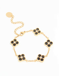 Showcasing a waterproof charm floral bracelet crafted from gold plated stainless steel with diamante black inlay flowers front view - link has visual effect only