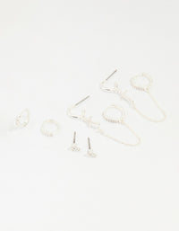 Silver Plated Brass Cubic Zirconia Cross Stud & Chain Earrings 4-Pack - link has visual effect only