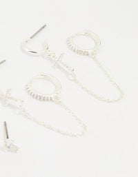Silver Plated Brass Cubic Zirconia Cross Stud & Chain Earrings 4-Pack - link has visual effect only