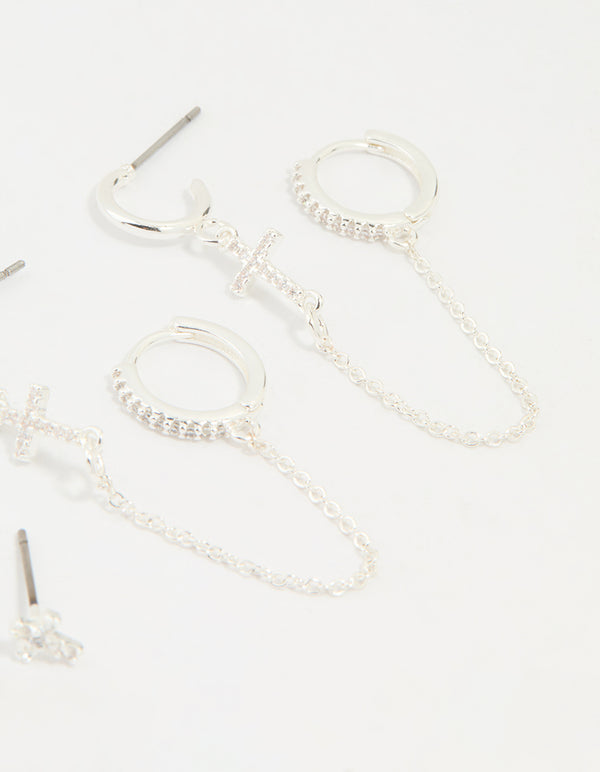 Silver Plated Brass Cubic Zirconia Cross Stud & Chain Earrings 4-Pack
