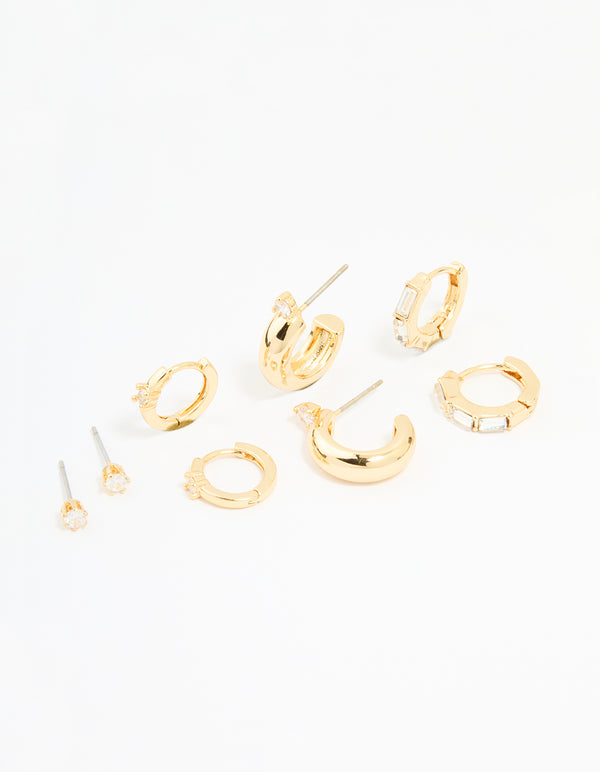 Gold Plated Brass Cubic Zirconia Huggie & Stud Earrings 4-Pack
