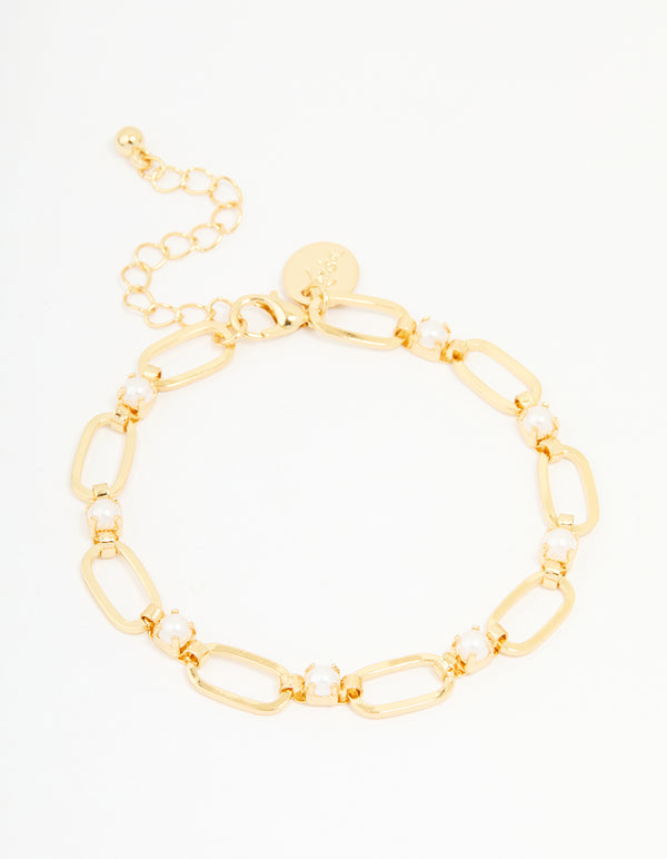 Gold Plated Brass Pearl Oval Link Chain Bracelet