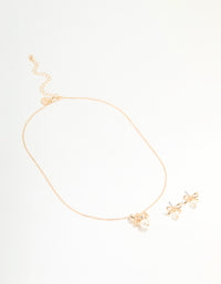 Gold Bow Pearl Necklace & Earrings Set - link has visual effect only