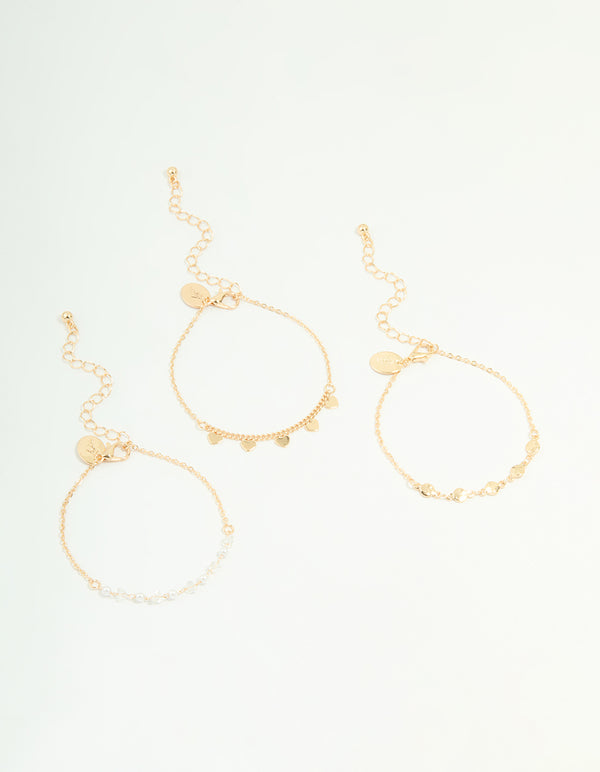 Gold Disc Pearl & Heart Bracelets 3-Pack