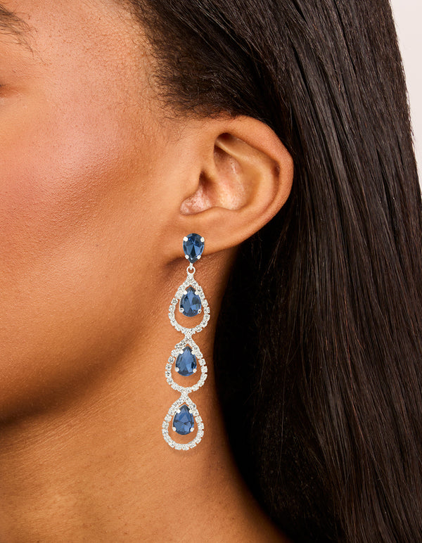 Silver Blue Diamante Pavé Teardrop Drop Earrings