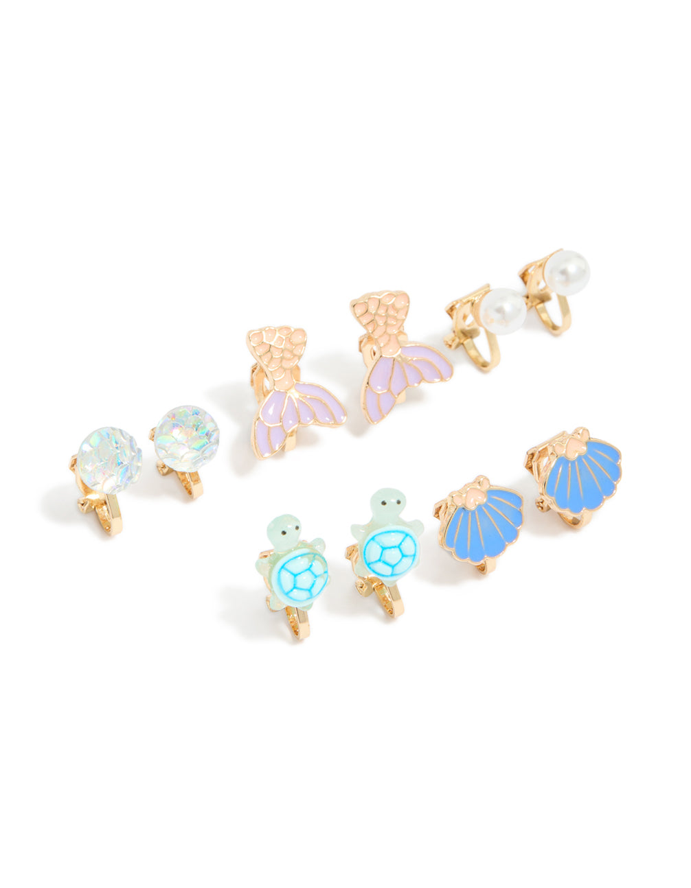 Featuring kids turtle and mermaid clip on earrings in a 5-pack with ocean pearl and shell feature in gold lavender light blue mint cream front view