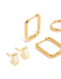 Waterproof Gold Plated Stainless Steel Cubic Zirconia Stud & Hoop Earrings 3-Pack - link has visual effect only