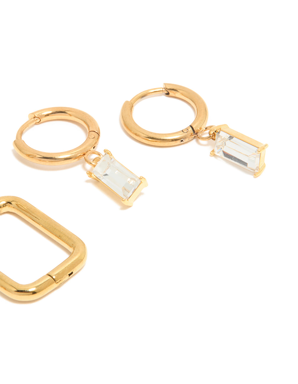 Crafted from waterproof gold plated stainless steel with cubic zirconia stud and hoop earrings in a 3 pack post detail view