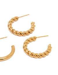 Waterproof Gold Plated Stainless Steel Twisted & Smooth  Hoop Earrings 3-Pack - link has visual effect only