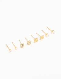 Waterproof Gold Plated Stainless Steel Cubic Zirconia Flower & Classic Stud Earrings 4-Pack - link has visual effect only